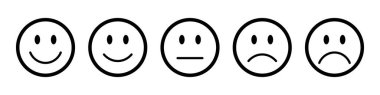 Emojileri özetle siyah olarak belirledim. Geribildirim duygu simgeleri koleksiyonu. Çok mutlu, mutlu, tarafsız, üzgün ve üzgün emojiler. Düz ikon derecelendirme ve geri bildirim emojileri simgeleri ana hatlarıyla siyah.