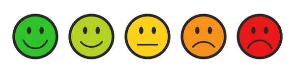 Beğeni simgeleri siyah çizgili farklı renklerde ayarlanıyor. Geribildirim duygu simgeleri koleksiyonu. Çok mutlu, mutlu, tarafsız, üzgün ve üzgün emojiler. Düz ikon derecelendirme seti ve geri bildirim emojileri simgeleri.