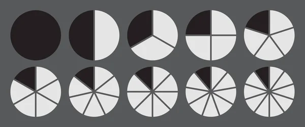 Daire 1-10 parça simgesine bölündü. Tam daire segmenti diyagramı. 1-10 parçalı grafik ikonu turta şekli. Siyah-beyaz renkte. Çember on parçaya bölünmüş bilgi grafikleri.