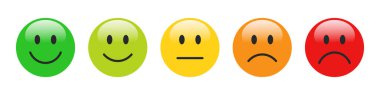 3D derecelendirme Emojileri parlaklıkla farklı renklerde ayarlandı. Geribildirim duygu simgeleri koleksiyonu. Mükemmel, iyi, tarafsız, kötü ve çok kötü emojiler. Düz ikon derecelendirme seti ve geri bildirim simgeleri.
