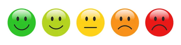 3D derecelendirme Emojileri parlaklıkla farklı renklerde ayarlandı. Geribildirim duygu simgeleri koleksiyonu. Mükemmel, iyi, tarafsız, kötü ve çok kötü emojiler. Düz ikon derecelendirme seti ve geri bildirim simgeleri.