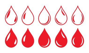 Kan damlası sembolü simgesi. Parlak, beşi kırmızı, dolgu ve dış hatları var. Kan damlası şekli. Beyaz arkaplanda kan damlaları izole edildi.