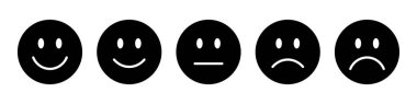 Puan emojileri siyah renklerde. Geribildirim duygu simgeleri koleksiyonu. Çok mutlu, mutlu, tarafsız, üzgün ve üzgün emojiler. Düz değer kümesi ve geri bildirim emojileri simgeleri siyah renkli.