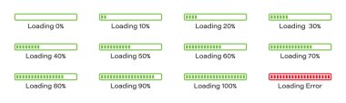 Çubuk bilgi simgesi yükleme yüzdesi 0-100% yeşil renkte. % 10,% 20,% 70,% 90,% 100 oranında yeşil renk. Dikdörtgen çubuk yüzde yükleme ve simgeler koleksiyonu işleme.