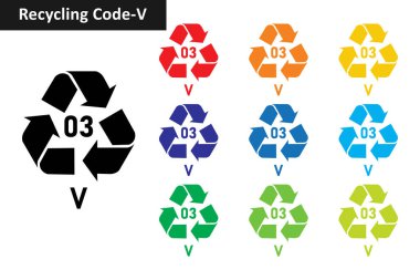 V plastik geri dönüşüm kodu simgesi seti. Plastik geri dönüşüm sembolleri 03 PVC. Plastik geri dönüşüm kodu 03 simge koleksiyonu on farklı renkte. Plastik geri dönüşüm kodu simgesi kümesi 03 V.