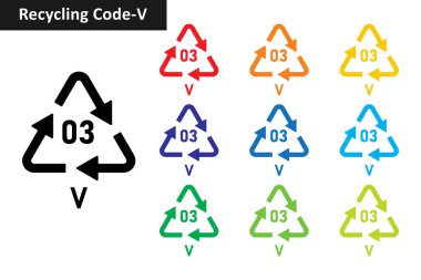 V plastik geri dönüşüm kodu simgesi seti. Plastik geri dönüşüm sembolleri 03 PVC. Plastik geri dönüşüm kodu 03 simge koleksiyonu on farklı renkte. Plastik geri dönüşüm kodu simgesi kümesi 03 V.