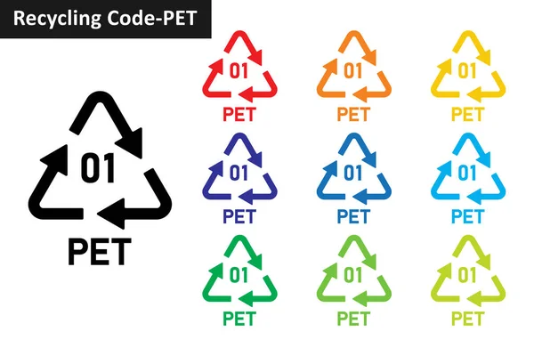 PET plastik geri dönüşüm kodu simgesi seti. Plastik geri dönüşüm sembolleri 01 PET. Plastik geri dönüşüm kodu 01 simge koleksiyonu on farklı renkte. Plastik geri dönüşüm kodu simgesi 01 PET.