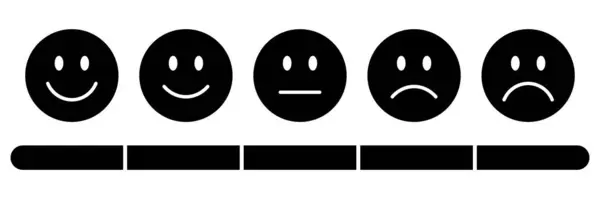 Siyahi derecelendirmeli emojiler. Geribildirim ifadeleri koleksiyonu, çok mutlu, mutlu, tarafsız, üzgün ve çok üzgün emojiler ölçüm ölçeğinde. Düz derecelendirme simgeleri seti 