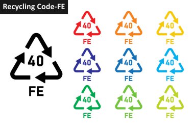 Demir metal geri dönüşüm kodu ikonu hazır. Metal geri dönüşüm sembolleri 40 FE. Metal geri dönüşüm kodu 40 simge koleksiyonu on farklı renkte. Meta geri dönüşüm kodu simgesi seti 40 FE.