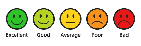 Beğeni simgeleri siyah çizgili farklı renklerde ayarlanıyor. Geribildirim duygu simgeleri koleksiyonu. Mükemmel, iyi, ortalama, zavallı, kötü emoji simgeleri. Düz ikon derecelendirme seti ve geri bildirim emojileri simgeleri.