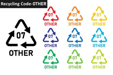 Diğer bir plastik geri dönüşüm kodu simgesi seti. Plastik geri dönüşüm sembolü 07 tane daha. Plastik geri dönüşüm kodu 07 simge koleksiyonu on farklı renkte. Plastik geri dönüşüm kodu simgesi 07 diğer.