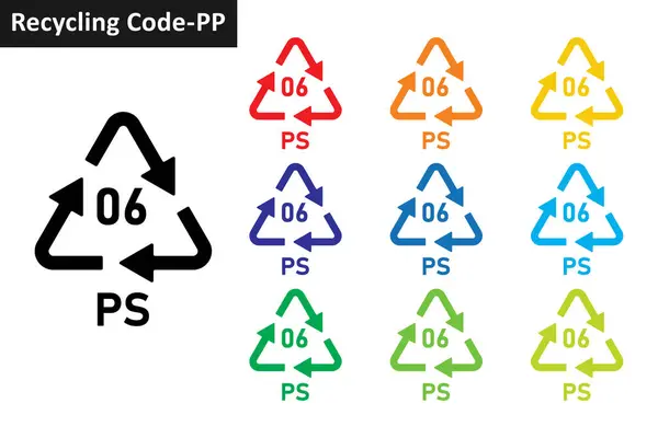 PS plastik geri dönüşüm kodu simgesi seti. Plastik geri dönüşüm sembolü 06 PS. Plastik geri dönüşüm kodu 06 simge koleksiyonu on farklı renkte. Plastik geri dönüşüm kodu simgesi seti 06 PS.