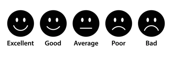 Puan emojileri siyah renklerde. Geribildirim duygu simgeleri koleksiyonu. Mükemmel, iyi, ortalama, zavallı, kötü emoji simgeleri. Düz değer kümesi ve geri bildirim emojileri simgeleri siyah renkli.