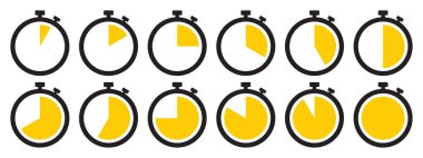 Kronometre simgesi sarı renkte ayarlandı. Kronometre sembolü ayarlandı. Beyaz arkaplanda sarı renkli zamanlayıcı simgesi koleksiyonu. Geri sayım saati kronometre, zamanlayıcı vektör çizelgesi.