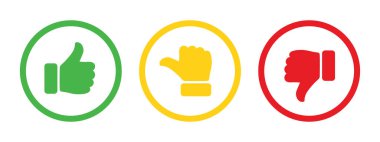 Yeşil, sarı ve kırmızı çizgili tarafsız başparmak sembolleri gibi. Geribildirim ve derecelendirme başparmakları aşağı simge seti. Baş parmaklar yukarı, aşağı ve yana semboller.