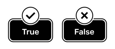 Doğru ve yanlış sembollü doğru veya yanlış düğmeler siyah renk. Beyaz arkaplanda izole edilmiş siyah kutuda doğru ve yanlış düğme simgelerini içeren kutu simgesini işaretleyin.