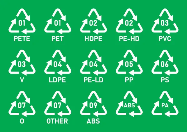 Tüm Plastik Geri Dönüşüm Kod Simgesi Seti Yeşil Arkaplanda Izole — Stok Vektör