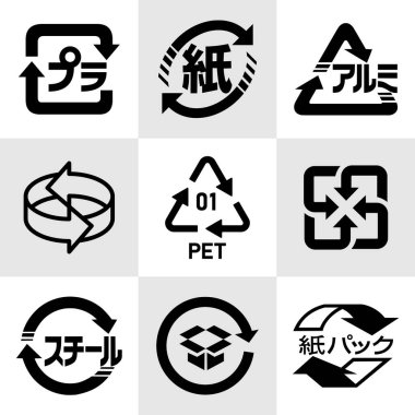 Japon geri dönüşüm ikonu: Plastik, Kağıt, Alüminyum, Geri Dönüşüm (3D), Geri Dönüşüm 01 PET, Geri Dönüşüm (Square), Çelik, Karton ve Karton. Karton kutu ambalajı için Japonca geri dönüşüm sembolleri.
