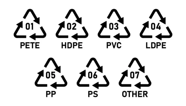 Plastik geri dönüşüm kodu simgesi 01-07. Plastik geri dönüşüm sembolleri kümesi PETE, HDPE, PVC, LDPE, PP, PS, diğer. Plastik geri dönüşüm kodları 1-7 beyaz arka planda izole edilmiş Vektör İllüstrasyonu.