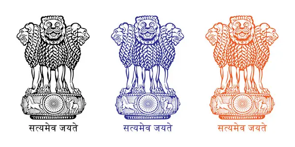 Ashok Piller Satyameva Jayate sembolü seti. Hindistan 'ın amblemi. Ashok Stambh sembolü beyaz arkaplanda siyah, mavi ve kırmızı renklerle izole edildi.