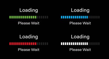 Bar loading please wait symbol icon set in four different colors. Loading 70 percent please wait progress bar infographics in green, blue, red and white color isolated for dark mode. clipart