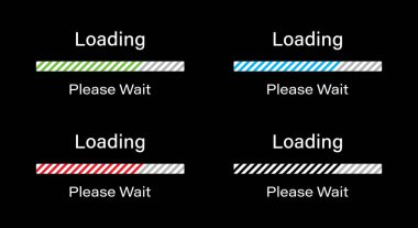 Bar loading with tilted lines please wait symbol icon set in four different colors- Green, Blue, Red and Black. Loading 70 percent please wait progress bar infographics for dark mode interface. clipart