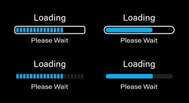 Loading please wait symbol infographics set in blue color. Set of 70 percent loading infographics in four different styles- Bar, Rectangular bar, Rounded bar, Rectangular bar isolated for dark mode. clipart