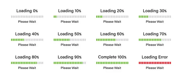 Çubuk bilgi grafiklerinin yükleme yüzdesi 0 'dan 100' e yeşil renkte ayarlanıyor. Çubuk% 10,% 20,% 50,% 70,% 90 ve% 100 yükleniyor. İnfografik koleksiyonu yükleniyor veya geliştiriliyor.