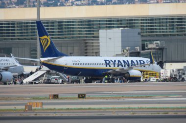 Ryanair Boeing 737-8AS EI-EKO Malaga Havaalanı, Costa del Sol İspanya (AGP-LEMG) Yer Mürettebatı Bagaj Sorumluları 31 Aralık 2023