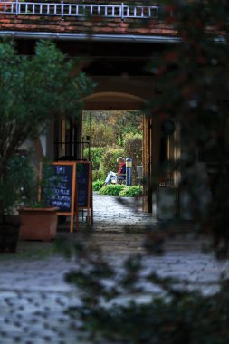 Bir tabela ve pencerenin yanında tuğladan yapılmış güzel bir duvar dokusu var. Fotoğraf Bad Radkersburg Avusturya 'da çekildi.