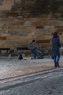 Yanında köpeği olan evsiz bir adamın bankta oturduğu fotoğraf. Aralık ayıydı ve soğuktu.