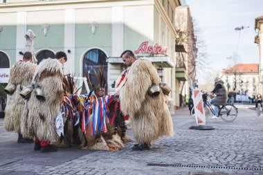 Maribor Slovenya 'da geleneksel karnaval kostümü giymiş bir kuren. Bu bizim kültürümüzde var.