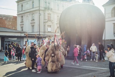 Maribor Slovenya 'da geleneksel karnaval kostümü giymiş bir kuren. Bu bizim kültürümüzde var.