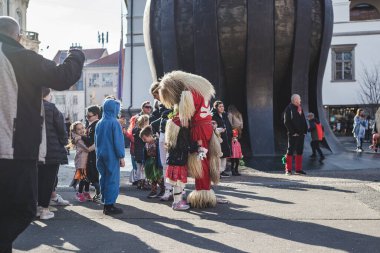 Maribor Slovenya 'da geleneksel karnaval kostümü giymiş bir kuren. Bu bizim kültürümüzde var.