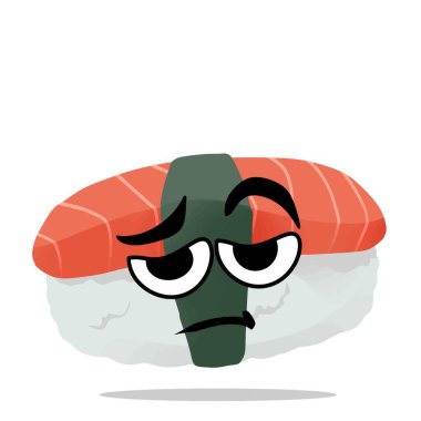 Yorgun Japon suşi maskotu karakteri çizimi. Şirin, oyuncu, lezzetli ve lezzetli bir konsept. Geleneksel Asya yemekleri, Japon mutfağı, tabaklar ve deniz ürünleri temaları 