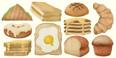 Tasarım için kahvaltı çizimleri. Klasik, suluboya, dekoratif ve doku konsepti. yemek, menü, mutfak, yemek pişirme, fırıncı ve pasta temaları