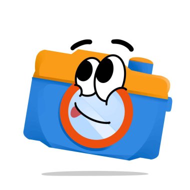 Mutlu kamera maskotu tasarımı. sevimli ve eğlenceli bir konsept. kamp, seyahat, sırt çantası, yaz, yürüyüş, macera ve eğlence temaları