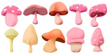 Tasarım için bir dizi mantar koleksiyonu. sevimli ve eğlenceli bir konsept. vahşi, yiyecek, doğa, orman, yenilebilir ve mantar temaları 