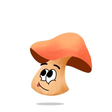 Tasarım için mutlu mantar maskotu çizimi. sevimli ve eğlenceli bir konsept. vahşi, yiyecek, doğa, orman, yenilebilir ve mantar temaları