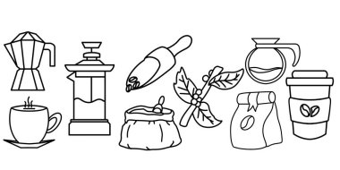 Basit kahve ikonu koleksiyonu. Minimalist dış hat vektör biçimi. logolar, çıkartmalar, ticari ürünler ve kullanıcı arayüzü ögeleri