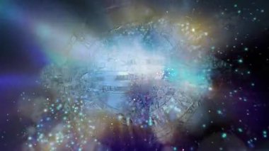 Soyutlama sonsuzluğu sembolize eder. Neon saat yüz, çevirme, hızlı hareket eden bir galaksinin arka planı.