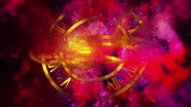 Soyutlama sonsuzluğu sembolize eder. Neon saat yüz, çevirme, hızlı hareket eden bir galaksinin arka planı.