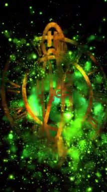 Soyutlama sonsuzluğu sembolize eder. Neon saat yüz, çevirme, hızlı hareket eden bir galaksinin arka planı.