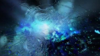 Soyutlama sonsuzluğu sembolize eder. Neon saat yüz, çevirme, hızlı hareket eden bir galaksinin arka planı.