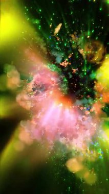 Üç boyutlu galaksi hızla döner, ışık yayar ve parlak göktaşları saçar..