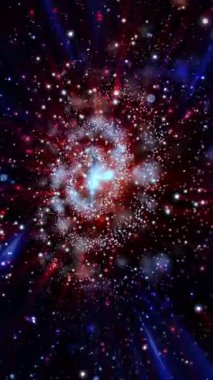 Üç boyutlu galaksi hızla döner, ışık yayar ve parlak göktaşları saçar..