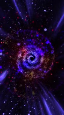 Üç boyutlu galaksi hızla döner, ışık yayar ve parlak göktaşları saçar..