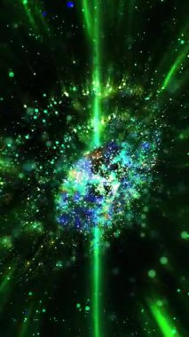 Üç boyutlu galaksi hızla döner, ışık yayar ve parlak göktaşları saçar..