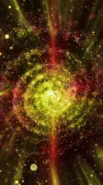 Üç boyutlu galaksi hızla döner, ışık yayar ve parlak göktaşları saçar..