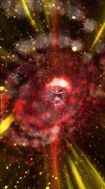 Üç boyutlu galaksi hızla döner, ışık yayar ve parlak göktaşları saçar..